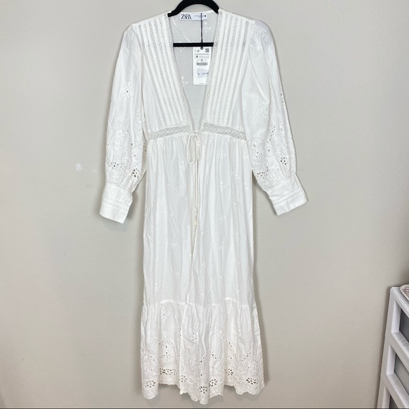 Zara | Dresses | New Zara White Lace Embroidered Long Sleeve Gown | Poshmark